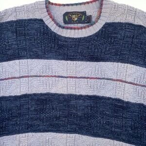 Lake Harmony Sweater Mens XL Blue Striped 3D Textured Knit 100% Cotton USA Made